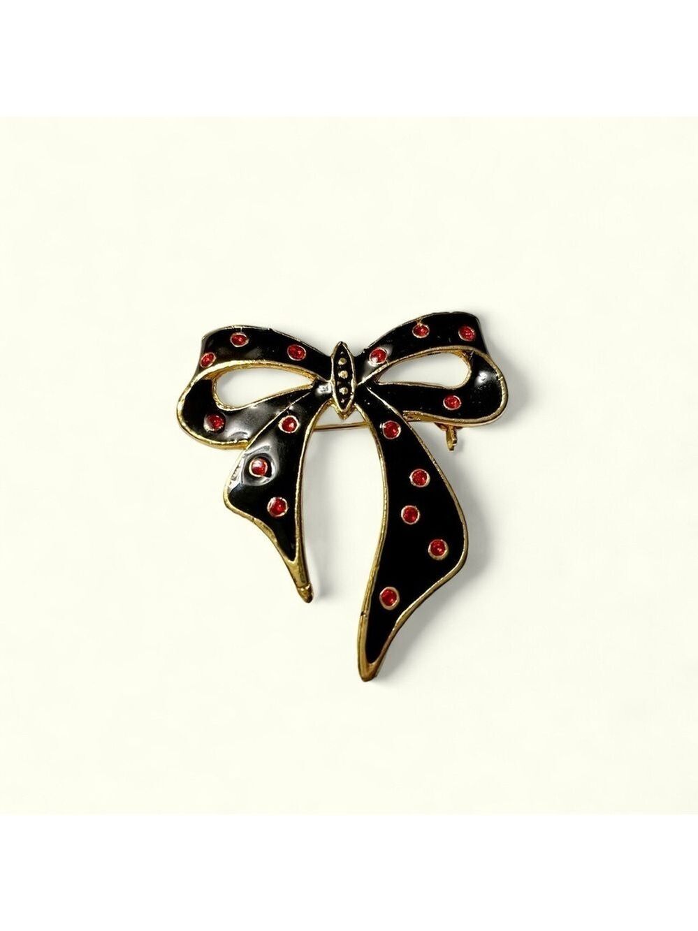 Vintage Bow Brooch, Bow Gold-Tone Black Enamel Bow with Red Stone Polka Dots
